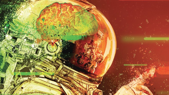 An astronaut, visor filled with a brain, pointing outward